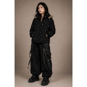 World‎ Wide Love Japanese streetwear black skull and star hooded coat 1
